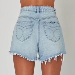 ROLLA'S Light Blue Mirage High Rise Loose Fit Frayed Hem Jean Shorts